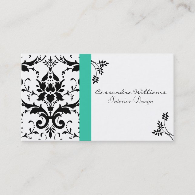 Elegant Black Damask and Turquoise Business Card (Front)