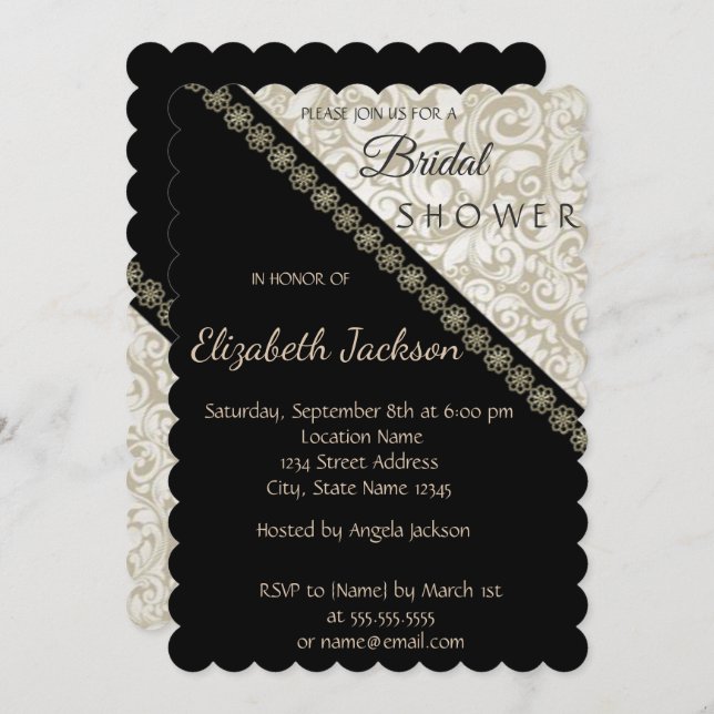 Elegant Black,Damask  Bridal Shower Invitation (Front/Back)