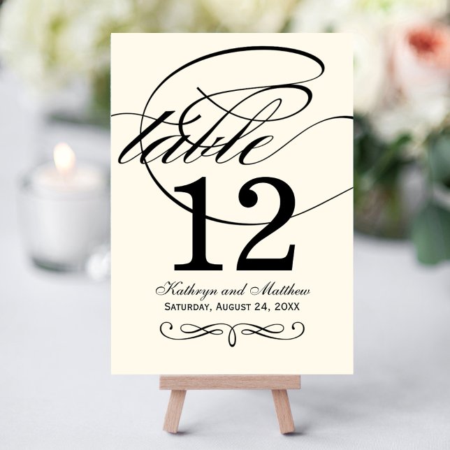 Elegant Black Damask Calligraphy Table Number Card (Creator Uploaded)