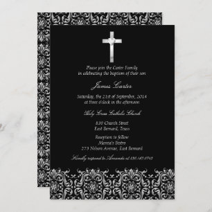 Elegant Black Damask & Cross Baptism/Christening Invitation