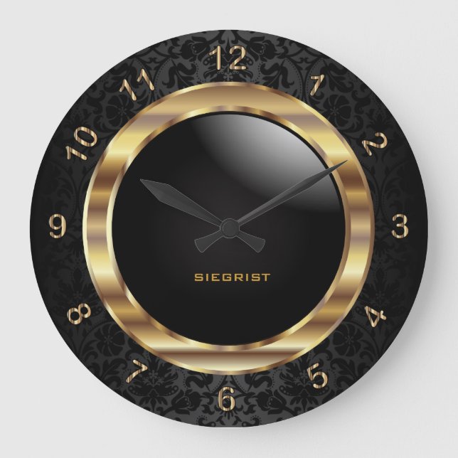 Elegant Black Damask Design Large Clock (Front)