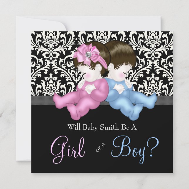 Elegant Black Damask Gender Reveal Shower Invitation (Front)
