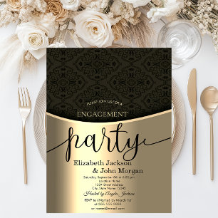 Elegant Black Damask Gold Engagement Party Invitation