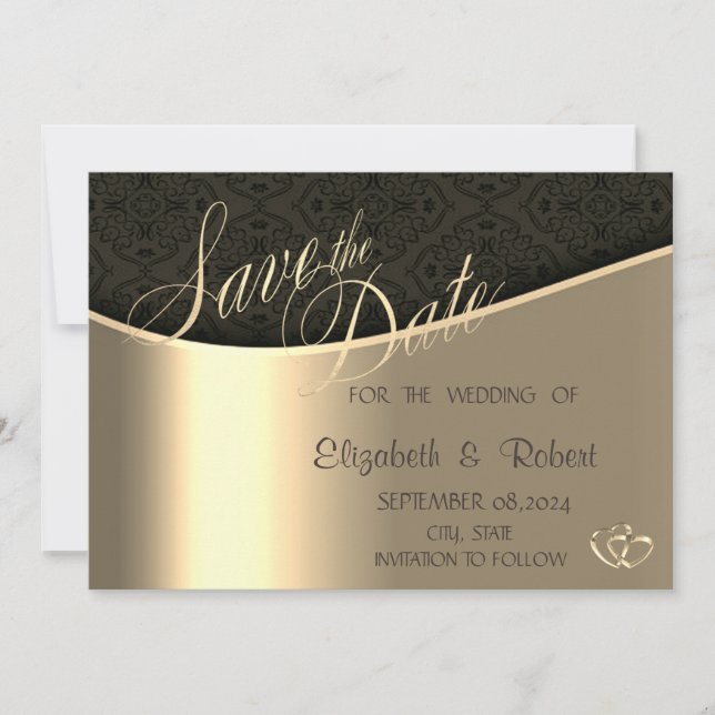 Elegant Black Damask Gold  Save The Date (Front)