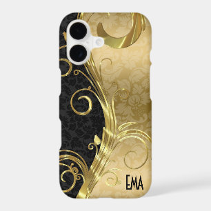 Elegant Black Damask Gold Swirls