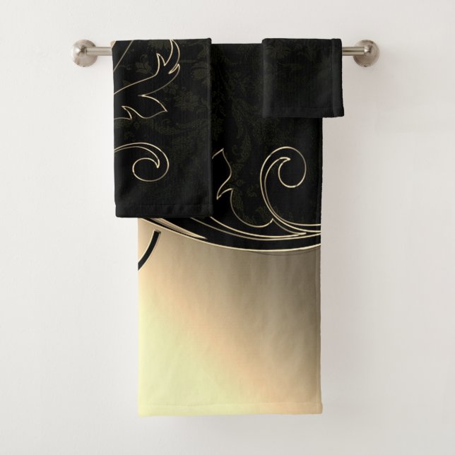 Elegant Black Damask Gold Swirls Bath Towel Set (Insitu)
