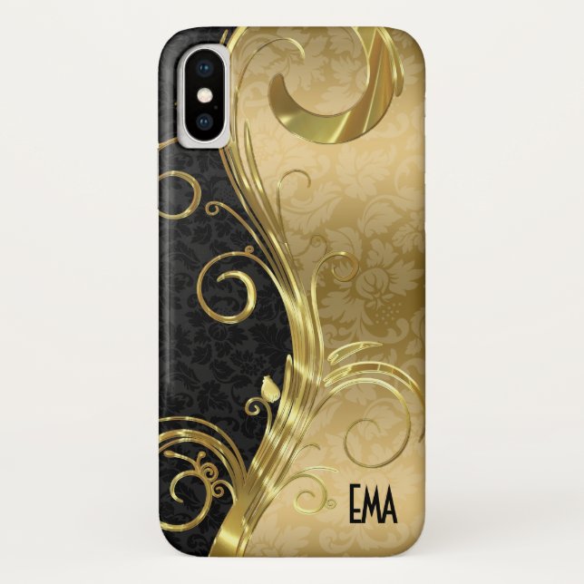 Elegant Black Damask Gold Swirls Case-Mate iPhone Case (Back)
