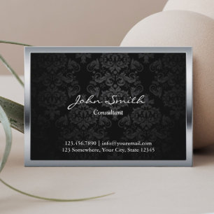 Elegant Black Damask Metal Framed Business Card
