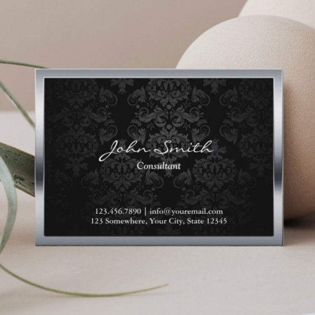Elegant Black Damask Metal Framed Business Card (Creator Uploaded)