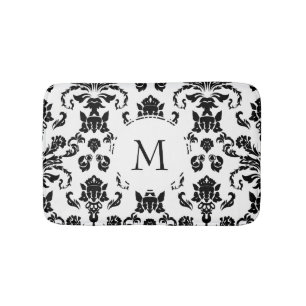 Elegant Black Damask Monogram Bath Mat