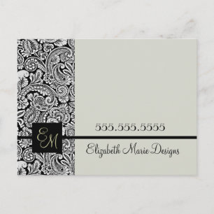Elegant Black Damask Monogrammed Business Postcard