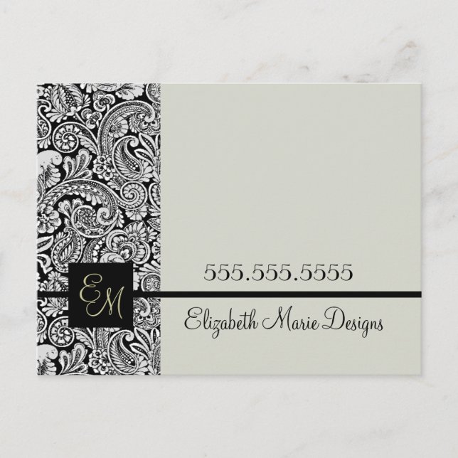 Elegant Black Damask Monogrammed Business Postcard (Front)