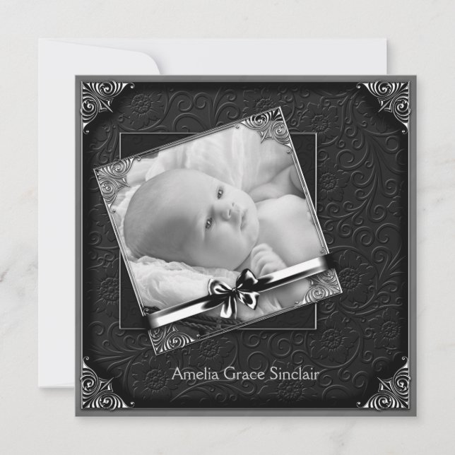 Elegant Black Damask Photo Birth Announcement (Front)
