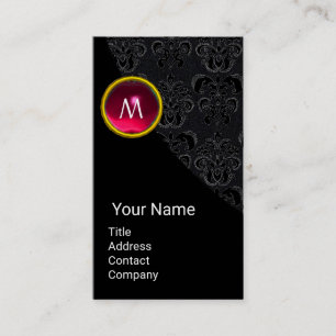 ELEGANT BLACK DAMASK PINK RUBY GEMSTONE MONOGRAM BUSINESS CARD