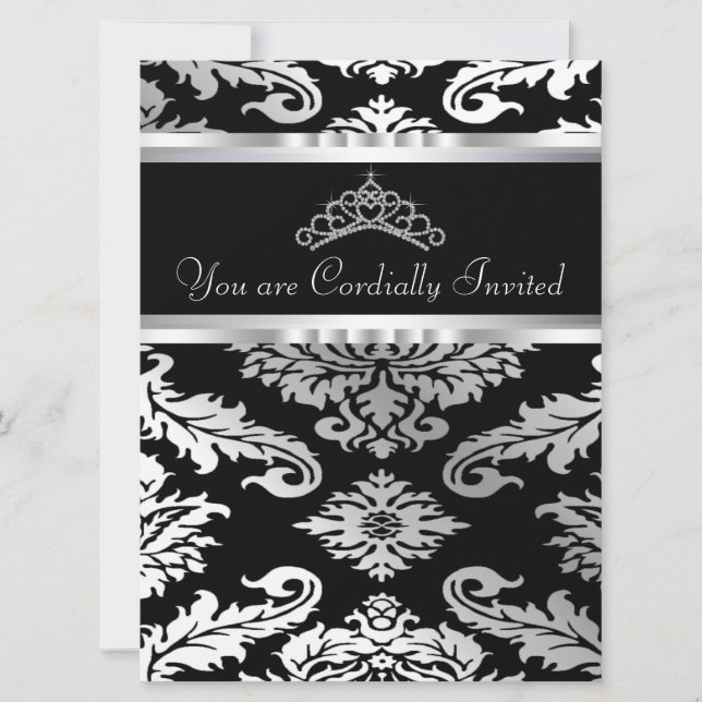 Elegant Black Damask Quinceanera Invitation (Front)