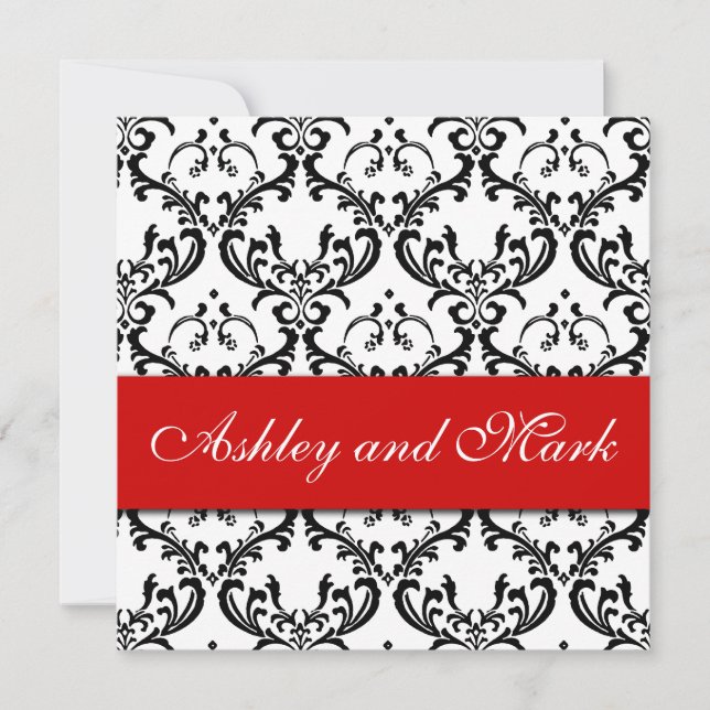 Elegant Black Damask Wedding Invitation Red (Front)