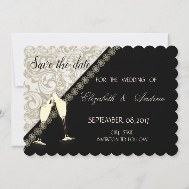 Elegant Black,Damask Wedding Save the date (Front)