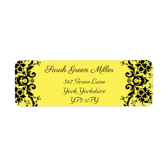 Elegant Black Damask Yellow Wedding Return Address Label (Front)