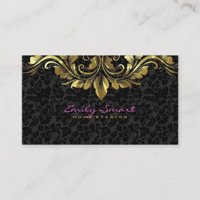 Elegant Black Damasks Gold Floral Lace 2 Business Card (Front)