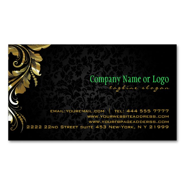 Elegant Black Damasks Gold Floral Lace 4 Magnetic Business Card (Front)