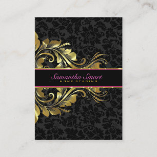 Elegant Black Damasks Gold Floral Lace Business Card