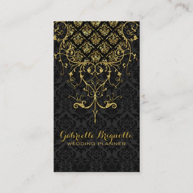 Elegant Black Damasks & Gold Floral Lace Frame Business Card (Front)
