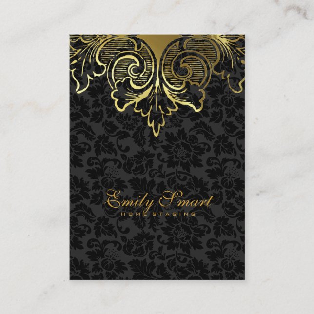 Elegant Black Damasks Gold Floral Ornament Business Card (Front)