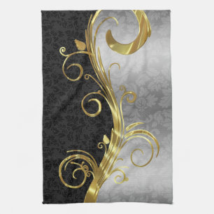 Elegant Black Damasks Gold & Silver Swirls Tea Towel