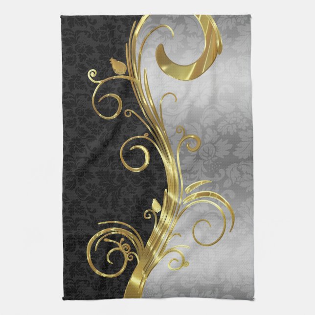 Elegant Black Damasks Gold & Silver Swirls Tea Towel (Vertical)