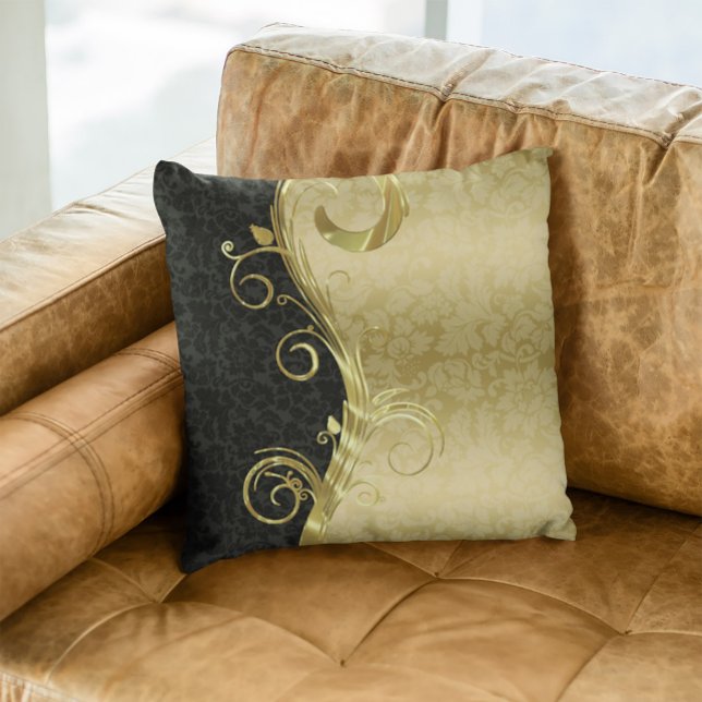 Elegant Black Damasks Gold Swirls Cushion (Creator Uploaded)