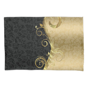 Elegant Black Damasks Gold Swirls Pillowcase