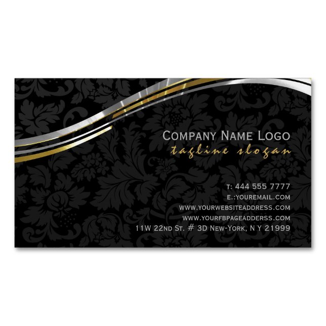 Elegant Black Damasks Silver & Gold Accents Magnetic Business Card (Front)