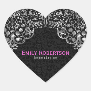 Elegant Black Damasks Silver Metallic Vintage Lace Heart Sticker