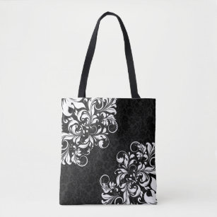 Elegant Black Damasks & White Floral Lace Tote Bag