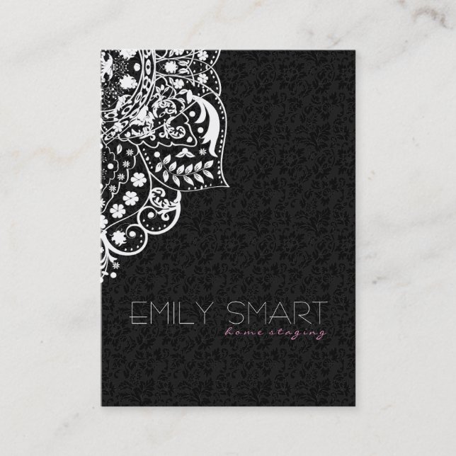 Elegant Black Damasks White Vintage Lace Business Card (Front)