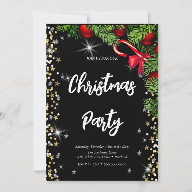 Elegant black, diamond, Christmas tree Invitation (Front)