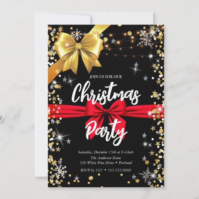Elegant black  diamond, golden ribbon, confetti invitation (Front)