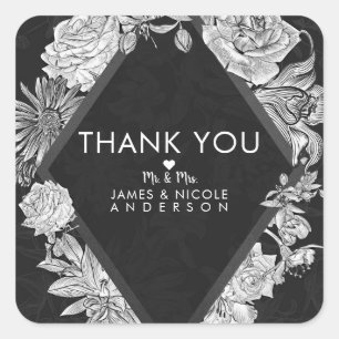 Elegant Black Diamond Vintage Flowers Wedding Square Sticker