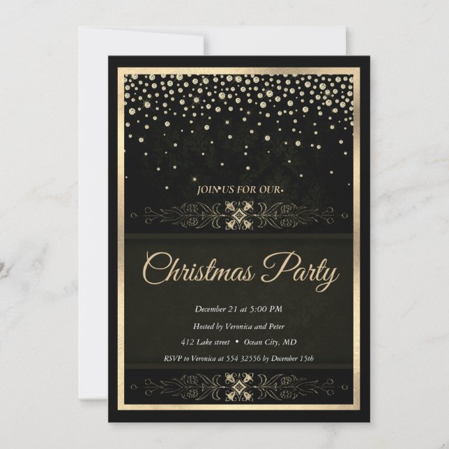 Elegant Black Diamonds Frame Christmas Invitation (Front)