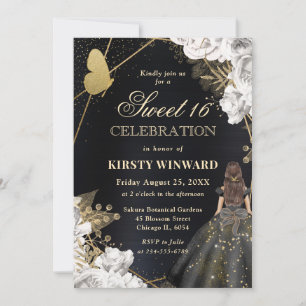Elegant Black Dress Brunette Woman Floral Sweet 16 Invitation