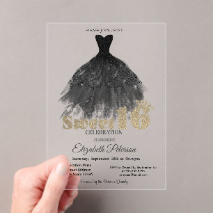 Elegant Black Dress Gold Bokeh Sweet 16 Party Acrylic Invitations