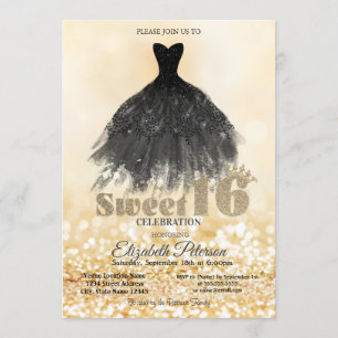 Elegant Black Dress Gold Bokeh Sweet 16 Party Invitation