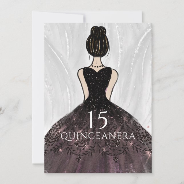 Elegant Black Dress Gown Quinceanera Party Invitation (Front)