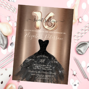 Elegant Black Dress Metallic Sweet 16 Party  Invitation