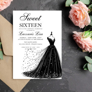 Elegant Black Dress White Sweet Sixteen Birthday Invitation