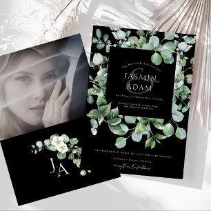 Elegant Black Eucalyptus Greenery Photo Wedding Invitation