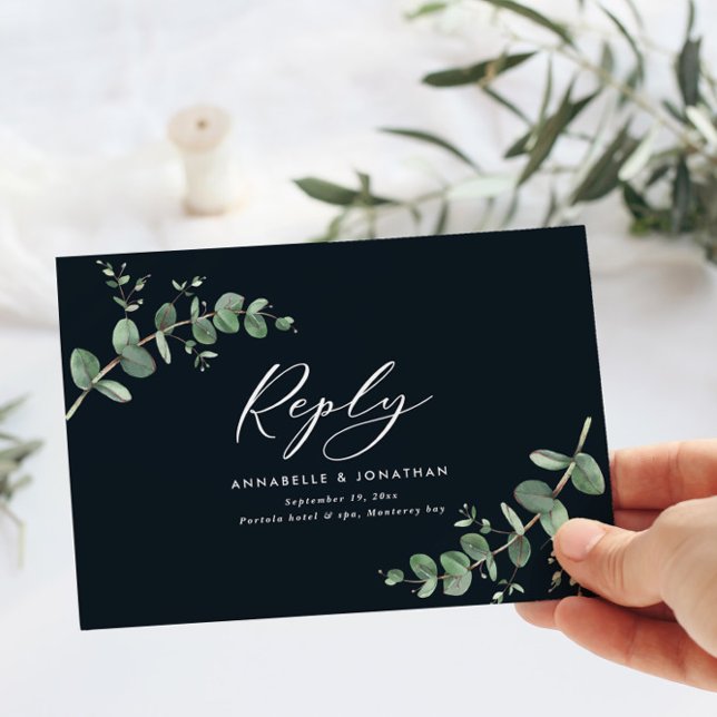 Elegant black Eucalyptus Greenery Wedding RSVP (Creator Uploaded)