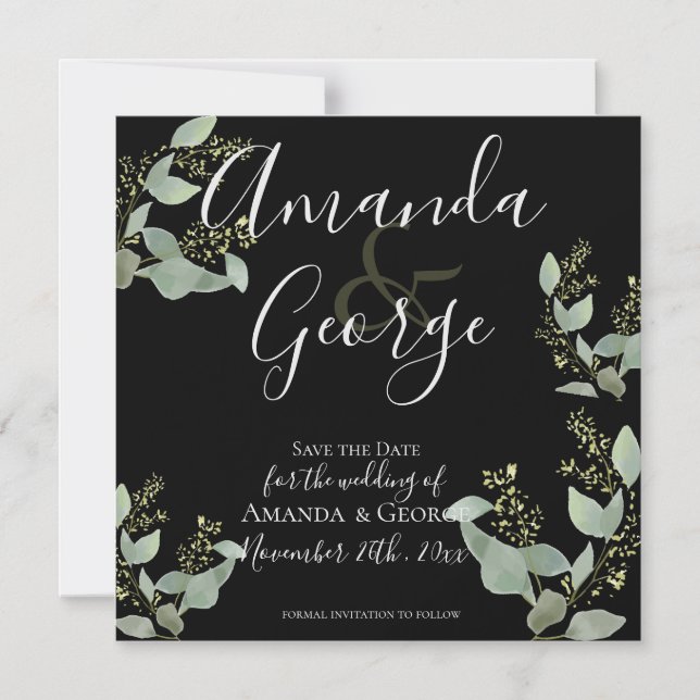 Elegant Black Eucalyptus Leaves Save The Date Magnetic Invitation (Front)