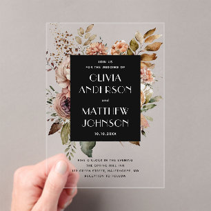 Elegant black fall boho botanical floral wedding acrylic invitations