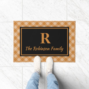 Elegant Black Fall Buffalo Plaid Custom Monogram Doormat